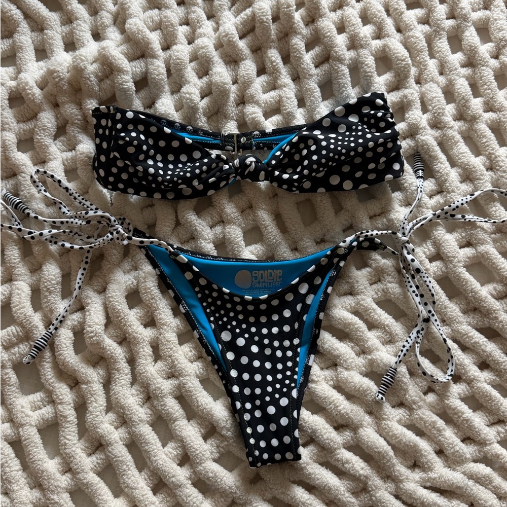 Goldie Swim Black & White Polka Dot Bikini with Bright Blue Lining